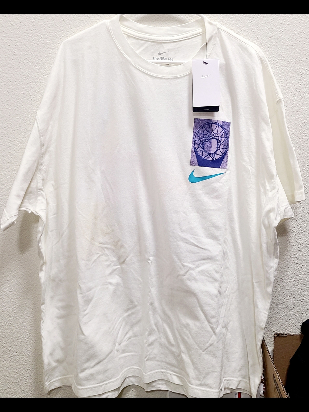 Nike White Short-Sleeve Tee with Teal Swoosh and Purple Graphic
